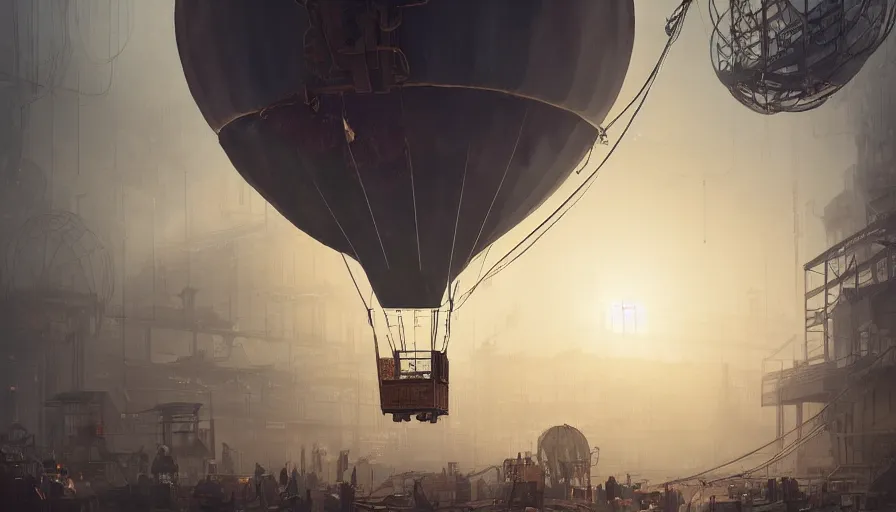 Prompt: Hot air balloon factory plant in a Dieselpunk city, steam, epic composition, intricate, elegant, volumetric lighting, digital painting, highly detailed, artstation, sharp focus, illustration, concept art, ruan jia, steve mccurry