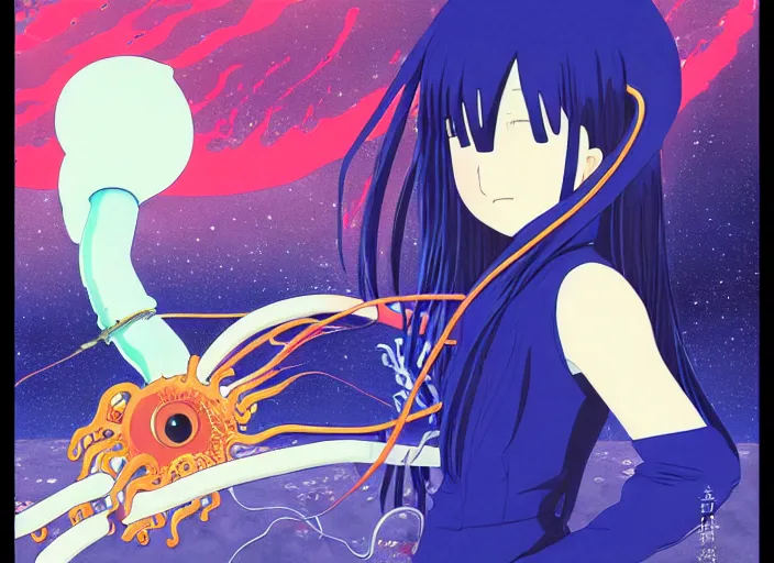 Prompt: portrait of Sadako astronaut girl fighting a squid tentacle on her space helmet, ilya kuvshinov, Kyoto animation, concept art, yoshitoshi abe, katsura masakazu,tsutomu nihei, gustav klimt, loish, kawaii, studio lighting, manga, bright colors, anime,beautiful, 35mm lens,noir, vibrant high contrast, gradation, jean giraud, moebius, fantasy, rule of thirds, fibonacci, intricate, cel shaded, flat, matte print, smooth,artstation, soft eyes,concept art