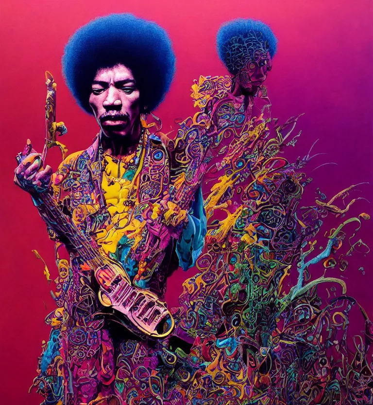 Prompt: jimi hendrix full body, colourful afrofuturist biomorphic opart in background, octane render 8 k, pascal blanche, josh kirby, roger dean, james jean, giger, arthur rackham, moebius, syd mead, killian eng beksinski, greg hildebrandt, scifi, 8 k