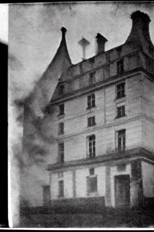 Prompt: Black and white camera obscura image of creepy mansion, 1910s paris, scary, horror, dark mood