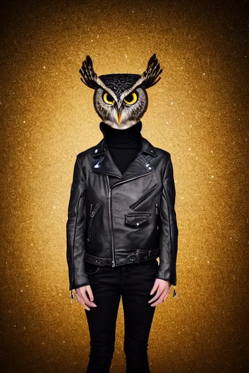 Prompt: front of owl wearing black biker jacket, portrait photo, full body, backlit, studio photo, golden ratio, starry background
