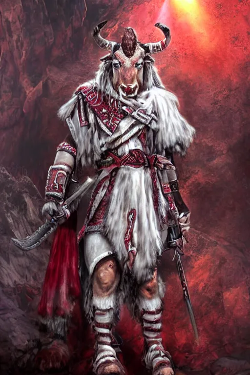 Prompt: a tauren warrior colaked in white with swords, standing in light beam of a dark cave, ruby red sorrow, high quality, ultra detail