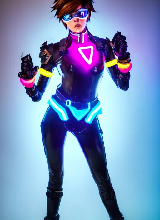 Image similar to full body overwatch style oil painting portrait of tracer overwatch, confident pose, wearing black jagged iridescent rainbow latex armor, rainbow, neon, 4 k, expressive surprised expression, makeup, wearing large rainbow neon choker, studio lighting, black leather harness, expressive detailed face and eyes,