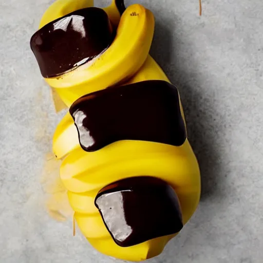 Image similar to plastic banana, shiny, dripping chocolate on top,