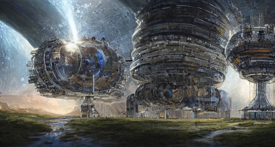 Prompt: detailed concept art of advance civilization human species researching on large hadron collider with cern particle accelerator sci - fi, digital, landscape, sci - fi, cinematic lighting