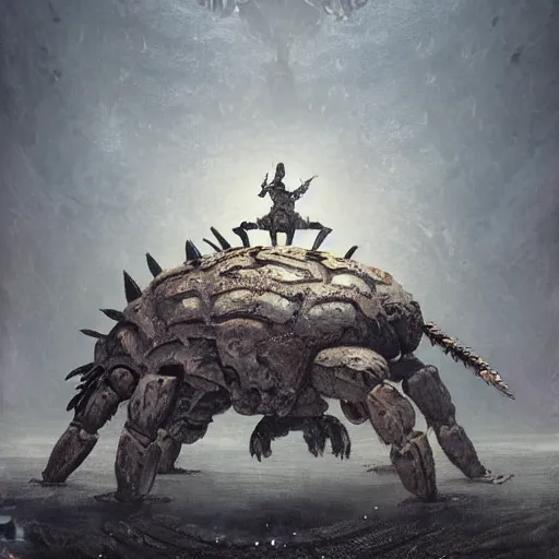 Image similar to giant armored ashigaru beetle war construct golem, glowing gnostic brian froud markings, magic and steam - punk inspired, in an ancient stone circle on a plateau in a blizzard, kanji markings, concept painting by jessica rossier, hr giger, john berkey