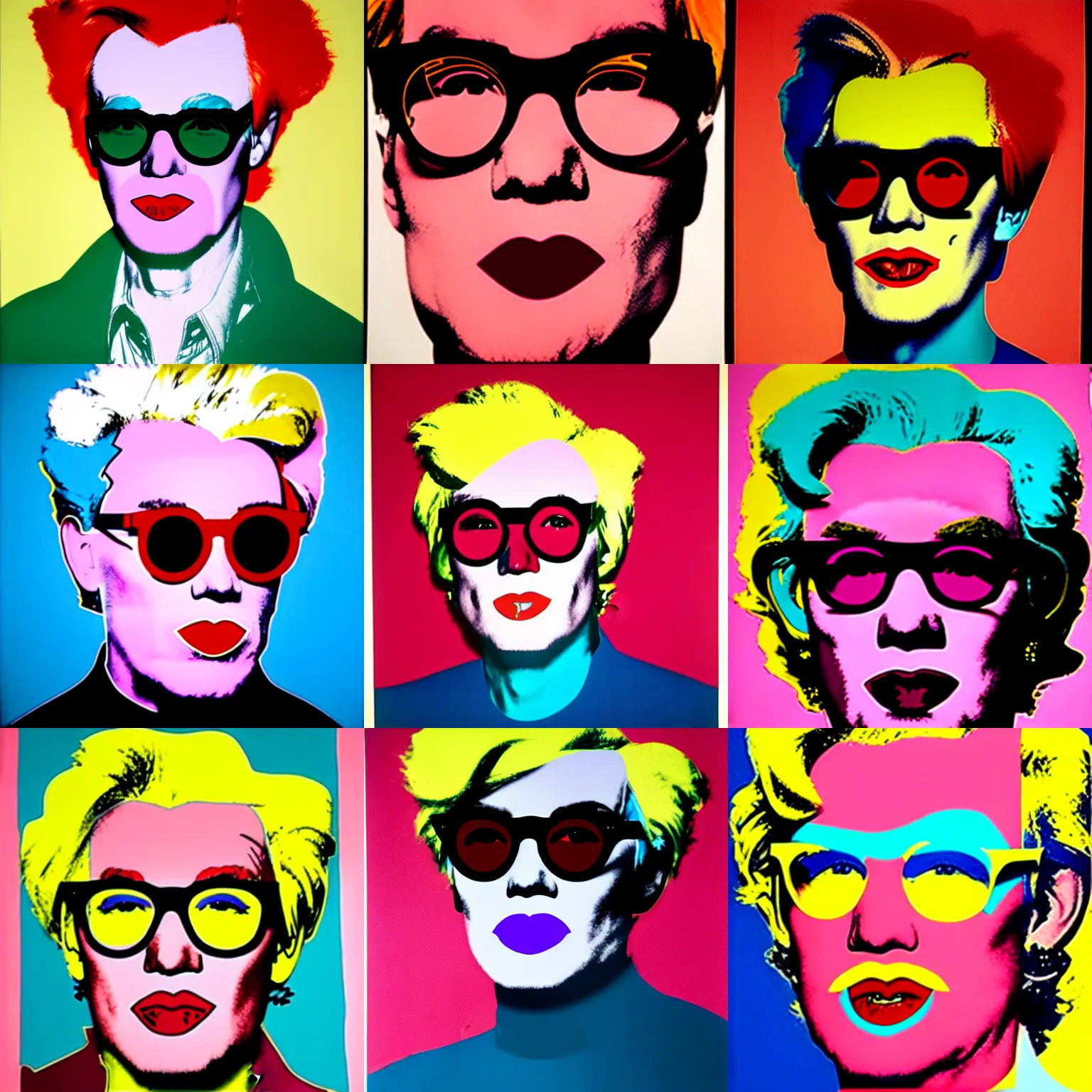 Prompt: colour portrait of andy warhol aged 40 with his lips in the shape of letter o. andy\'s shoulders are in the frame. andy looks sternly straight into the camera and wears designer sun glasses. painting in the style of andy warhol