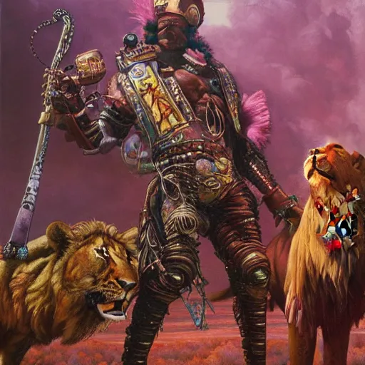 Prompt: a cyberpunk zulu warrior hunting a steampunk lion near a pink lake, by thomas blackshear and android jones, oil on canvas, afrofuturism, 8k