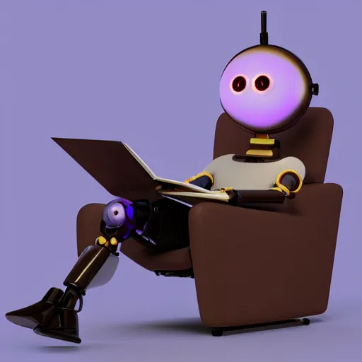 Image similar to futuristic studious matte brown and red full-body humanoid robot with two huge round expressive sad purple glowing LED eyes and open rectangular mouth sitting on a large comfortable cushioned 1950s vintage recliner reading a newspaper. open newspaper. Cinematic Movie Photograph, Arri Alexa, Extremely Detailed, smooth, very very clean, 8K, octane render, maya render, unreal engine, trending on artstation, DSLR, excellent composition, center frame