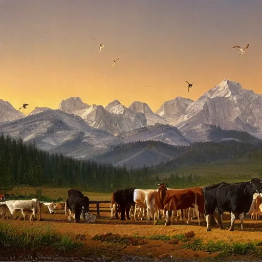 Image similar to an extremely detailed matte painting of a rancher feeding the animals at sunrise on the first day of spring, huge rocky mountains in the background, tall rancher wearing a cowboy hat, dogs, cows, sheep, chickens, ducks, 4 k, ranch the morning after a light snowfall, by bob ross and norman rockwell