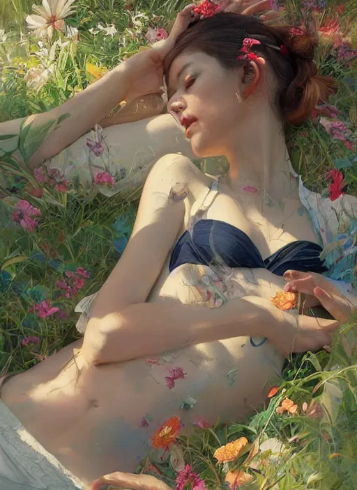 Image similar to beautiful painting scene of relaxing summer day, by Kenne Gregoire, James Jean, Tran Nguyen, WLOP, Jakub Rebelka. trending on Artstation, 8k, masterpiece, chill summer, graffiti paint, fine detail, full of color, intricate detail, golden ratio illustration