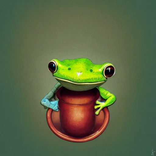 Image similar to playful long shot of a very happy cute frog baby sitting in a searose cup, by esao andrews, by m. w. kaluta, very humorous illustration, small depth of field, perspective perception, volumetric light, warm cosy colors, night scenery, low light, unreal engine 5, 8 k, conceptart, hyperdetailed, hyperrealistic, trending on artstation