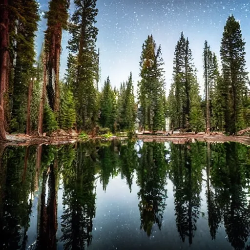 Prompt: a mirror lake in a forest of blue sequoia trees, lush, with mountains and hills and cliffs and towns full moon, dark clear sky with stars, light blue sparking and glowing dust in the wind. fantastic, mystical, glow