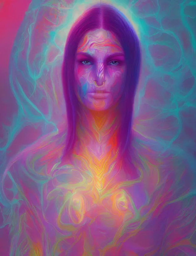 Image similar to A woman made of mist, in a colorful atmosphere, masterpiece digital painting by Alex Grey, Greg Rutkowski, 4k wallpaper