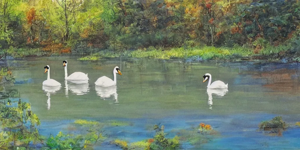 Prompt: painting of a small lake with one swans in it, in a forest, blue water, stunning colors, fairytale