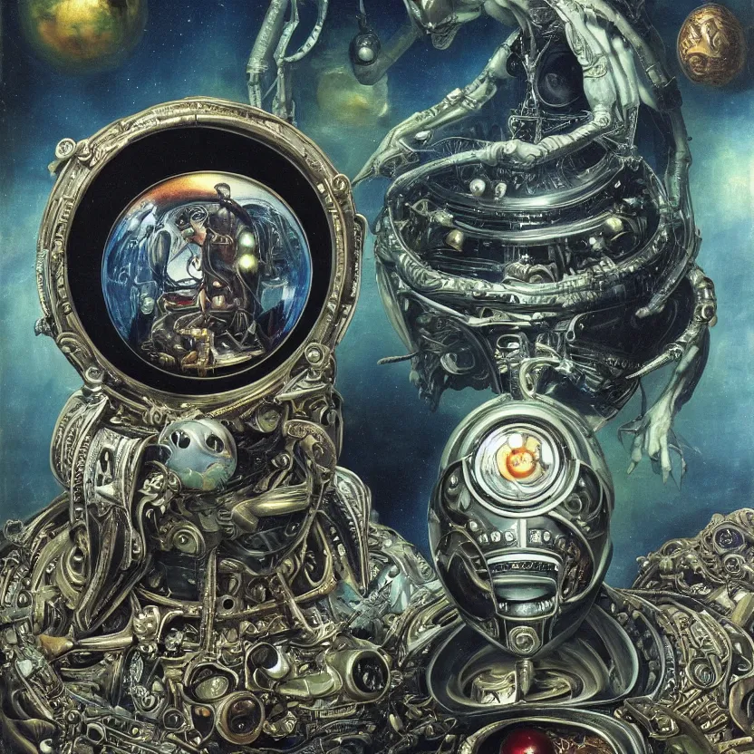 Prompt: an alien in spaceship cockpit, decorated with alien foliage, faberge, and filigree. pulp sci - fi art. baroque period, oil on canvas. renaissance masterpiece