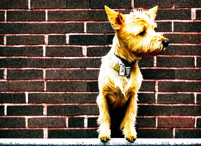 Prompt: portrait of small blond terrier standing on a brick wall, anime, shigeto koyama,jean giraud, manga, 28mm lens, vibrant high contrast, gradation, cinematic, rule of thirds, great composition, intricate, detailed, flat, matte print, sharp,clean lines,masakazu katsura