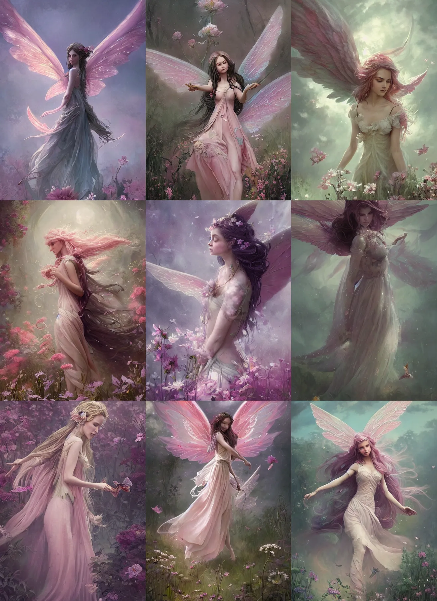 Prompt: d & d style a pink beautiful fairy with large wings and flowing hair and beautiful face is exploring her flower garden, art by greg rutkowski, extremely detailed, muted colors, negative space