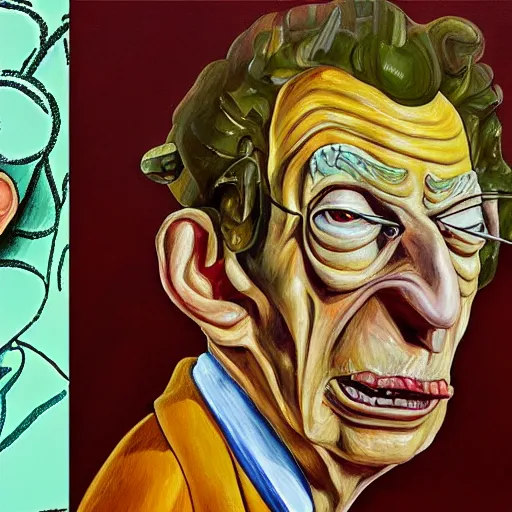 Image similar to high quality high detail painting by lucian freud, hd, portrait of rick and morty