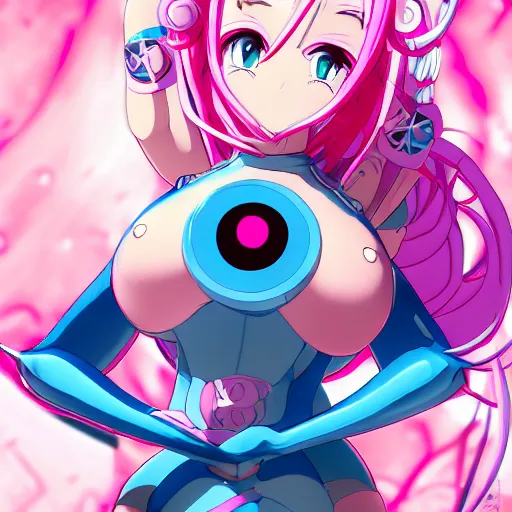 Image similar to stunningly beautiful omnipotent megalomaniacal anime goddess with porcelain skin, pink twintail hair and mesmerizing cyan eyes, symmetrical perfect face smiling in a mischievous, devious and haughty way while looking down upon the viewer, mid view, hyperdetailed, 2 d, 8 k