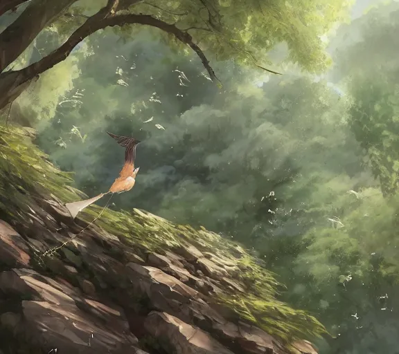 Prompt: a bird flying through a forest, wind streaks. Adventurous. By Makoto Shinkai, Stanley Artgerm Lau, WLOP, Rossdraws, James Jean, Andrei Riabovitchev, Marc Simonetti, krenz cushart, Sakimichan, trending on ArtStation, digital art.