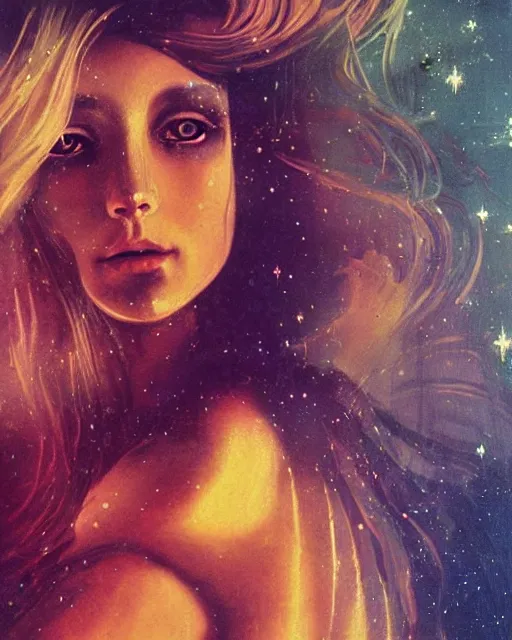 Prompt: a beautiful and eerie baroque painting of a gorgeous young woman in dead space, with wild blonde hair and haunted eyes, 1 9 7 0 s, space station, neon light showing injuries, delicate ex embellishments, painterly, offset printing technique