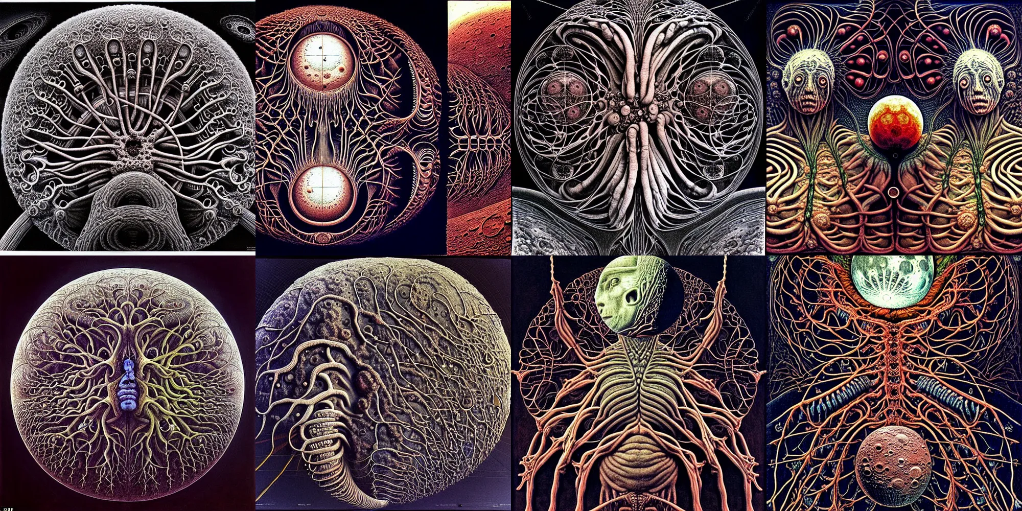 Prompt: the moon landing remade with intricate and detailed fractals of veins and muscle tissue, fractals and spirals growing outwards, by giuseppe arcimboldo and beksinski, a touch of giger and yamamoto, realistic, renaissance