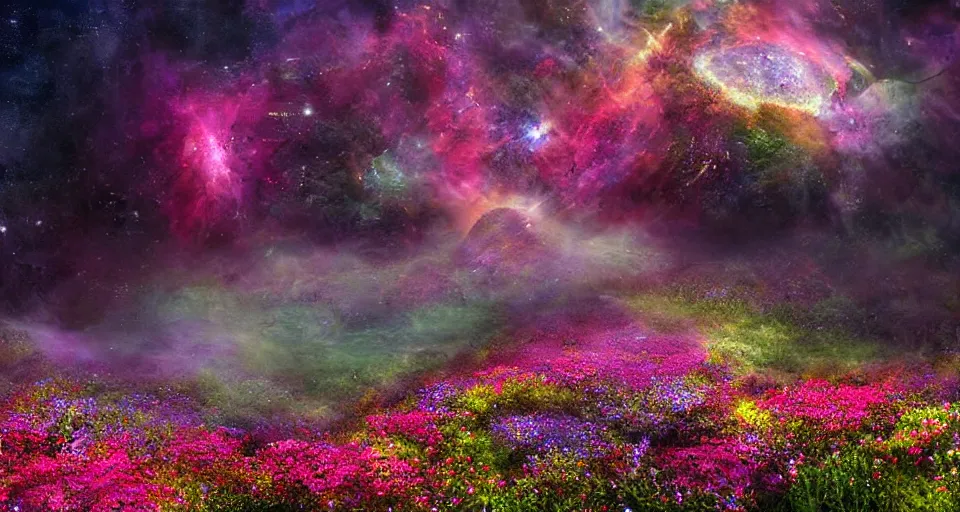 Image similar to a large mystic shrine shrouded by mystic nebula magic in a field of flowers, mad dog jones, breath - taking beautiful flowers, streams, nebula, and mist, an aesthetically pleasing, dynamic, energetic, lively, complex, intricate, detailed, well - designed digital art of magic, streams, flowers, and mist, early morning, light and shadow