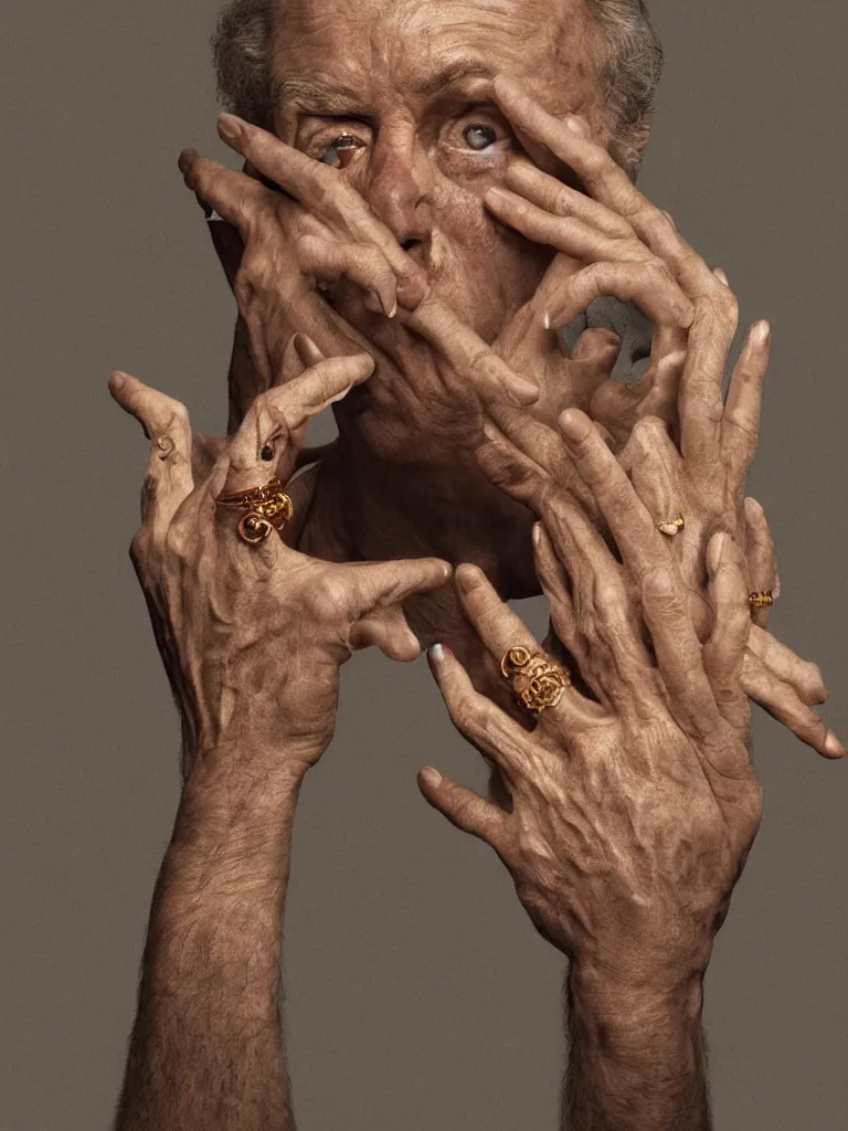 Prompt: a hyperrealistic ultrarrealistic highly detailed photograph of the man with one hundred hands, photorealistic imagery, 8k quality, gold rings