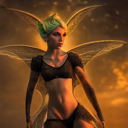 Image similar to full body pose, hyperrealistic photograph of evil tinkerbell, dim volumetric lighting, 8 k, octane beautifully detailed render, extremely hyper detailed, intricate, epic composition, cinematic lighting, masterpiece, trending on artstation, very very detailed, stunning, hdr, smooth, sharp focus, high resolution, award, winning photo, dslr, 5 0 mm