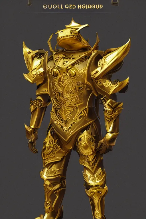 Image similar to a new golden armor zodiac Knight by tatsuya Yoshikawa artist Rendering the frog constellation armor . full of details, by utsurowazaru mono and jet set radio , Matte painting, trending on artstation and unreal engine