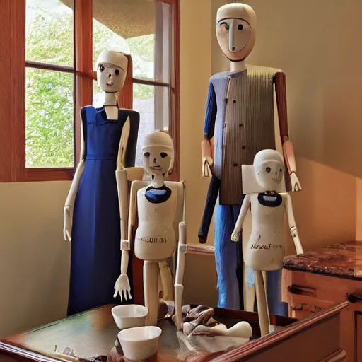 Image similar to a real estate home interior photo. a wooden mannequin family,