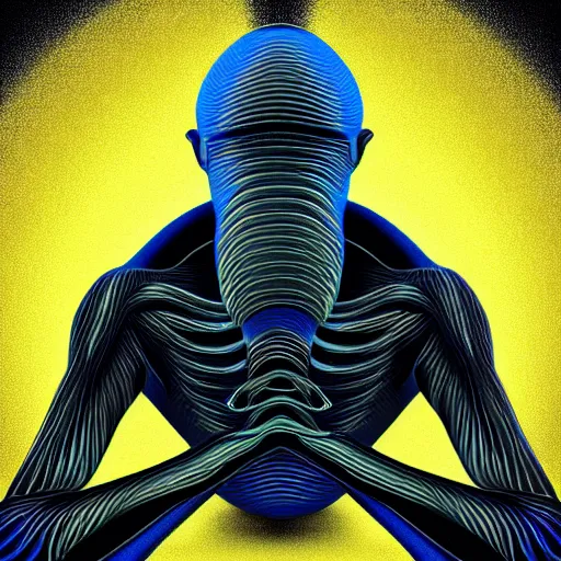 Image similar to human man that resembles a wasp morh in surreal sketch style, blue and yellow gradient, noise, ultrafine detail, hd 8k, logo illustration