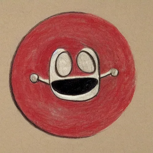 Prompt: primitive drawing of smiling circle face with thumb up hand and red eyes. Сhild drawing picture