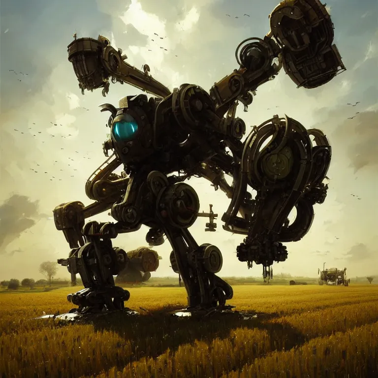 Image similar to greg rutkowski mech in a farmers field