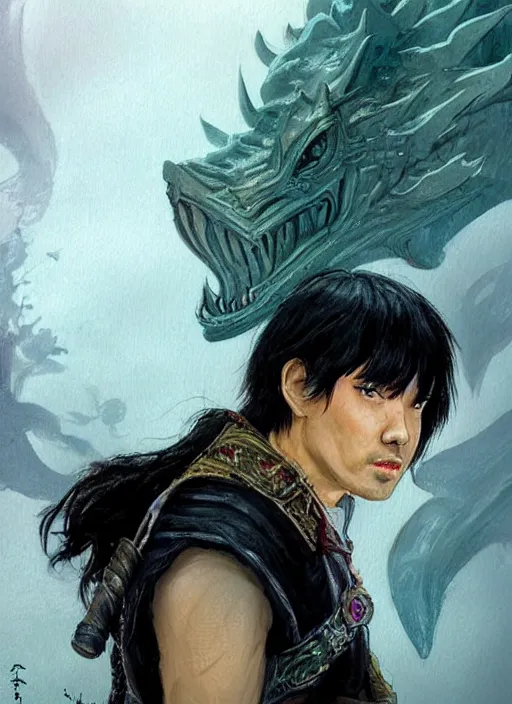 Image similar to asian with medium black hair man looking down at camera, low angle, camera low, dndbeyond, bright, colourful, realistic, dnd character portrait, full body, pathfinder, pinterest, art by ralph horsley, dnd, rpg, lotr game design fanart by concept art, behance hd, artstation, deviantart, hdr render in unreal engine 5