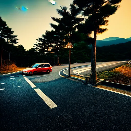 Prompt: a car Toyota JZX100 in middle of road, gunma prefecture, city sunset, cinematic color, photorealistic, highly detailed, bokeh