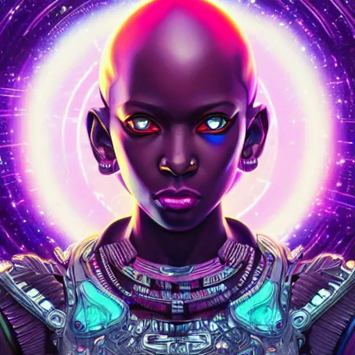 Image similar to african neon necromancer, science fiction, highly detailed, digital painting, beautiful eyes, symmetry, concept art, sharp focus, illustration, global illumination, radiant light, synthwave colors, detailed and intricate environment, art by artgerm and greg rutkowski and magali villeneuve and ilya kuvshinov!