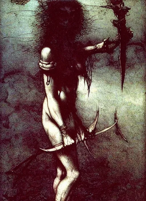 Image similar to bald barbarian girl by Beksinski and Arthur Rackham