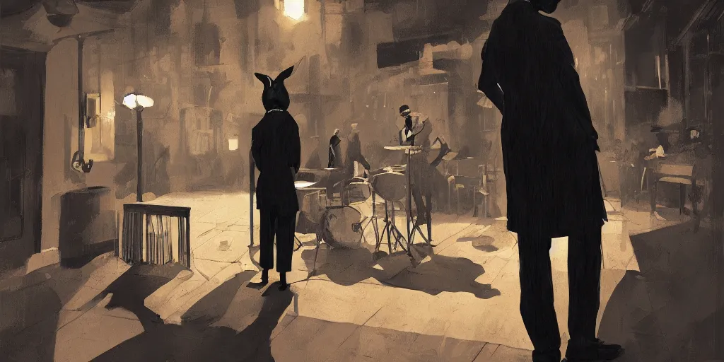 Prompt: a biped rabbit enters into a 4 0 s jazz club, warm color palette, night time, dramatic lighting, noir film, character sheet, fine details, high contrast, blacksad, kim jung gi, greg rutkowski, trending on artstation, 8 k, front view, back view, ultra wide angle