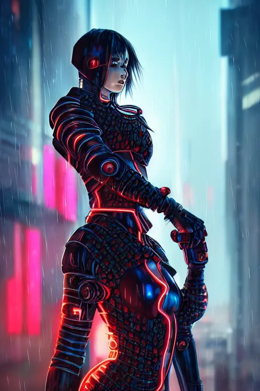 Image similar to portrait of evilly and strong stunning futuristic knights of Zodiac girl, black and red copper armor, in futuristic heavily raindrop tokyo rooftop cyberpunk night, ssci-fi, fantasy, intricate, very very beautiful, elegant, neon light, highly detailed, digital painting, artstation, concept art, human anatomy, soft light, hdri, smooth, sharp focus, illustration, art by tian zi and craig mullins and WLOP and alphonse mucha