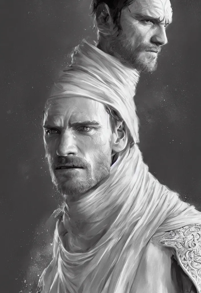 Prompt: Michael Fassbender in white cloak armor, intricate, epic lighting, hyper realistic,ray tracing, white short hair, character concept art, cinematic, artgerm, ultra detailed, artstation trending.