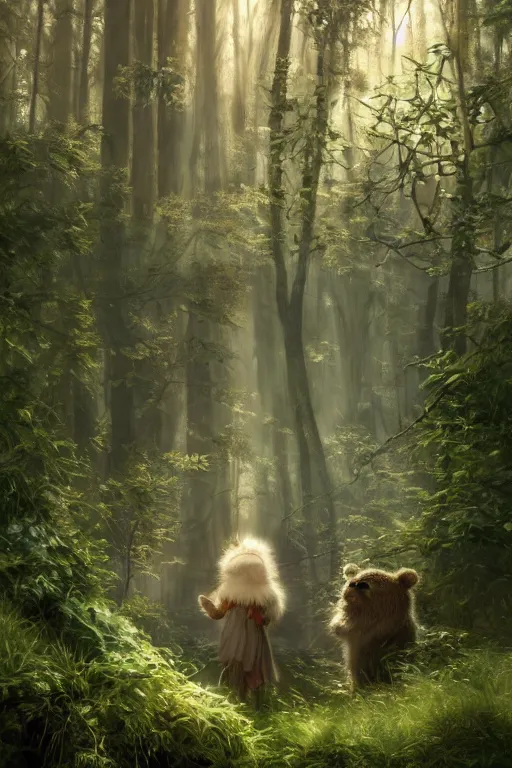 Image similar to mean fluffy teddybear protecting girl in a forest with rays of light coming through the canopy, masterpiece, dystopian, sci-fi, extremely detailed, digital painting, sculpted in zbrush, artstation, concept art, smooth, sharp focus, illustration, chiaroscuro lighting, golden ratio, incredible art, artgerm, greg rutkowski, alphonse mucha, simon stalenhag, carravaggio