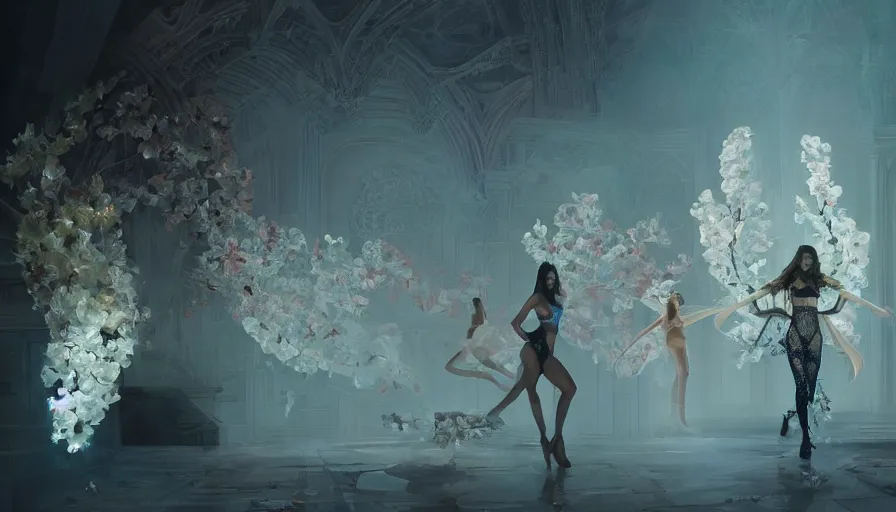 Prompt: victoria secret runway show, light, shadows, reflections, flowers, epic composition, intricate, elegant, volumetric lighting, digital painting, highly detailed, artstation, sharp focus, illustration, concept art, ruan jia, steve mccurry, greg rutkowski, mina petrovic, timothy kong, marina federovna, masterpiece, iconic