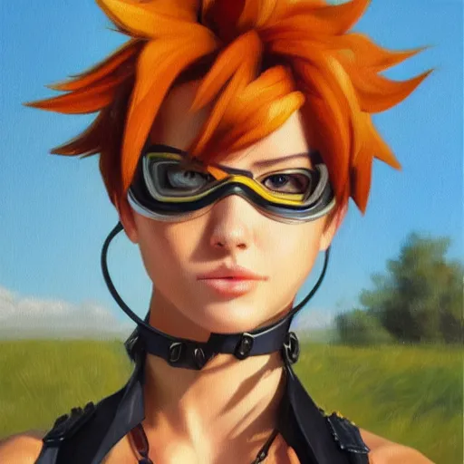 Image similar to oil painting of tracer overwatch in a field wearing thick spiked collar around neck, in style of mark arian, expressive face, wearing choker, large steel collar, steel choker, wearing collar on neck, detailed face, detailed eyes, full body, feminine face, tracer overwatch,