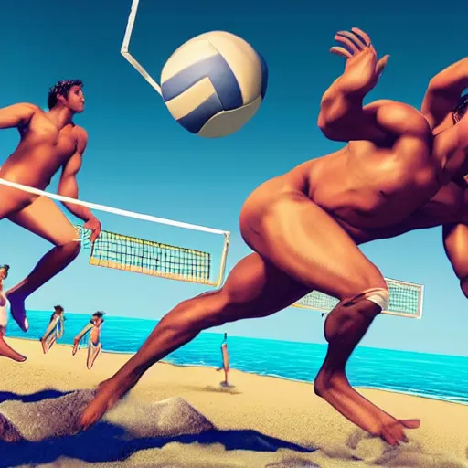 Image similar to centaurs playing volleyball on a beach, jump kick, 4 k, ultra realistic, detailed focused, neonwave