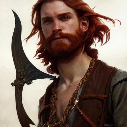 Image similar to portrait of a young pirate, male, rugged, masculine, handsome, upper body, red hair, long hair, D&D, fantasy, intricate, elegant, highly detailed, cinematic lighting, digital painting, artstation, concept art, cutscene, sharp focus, illustration, art by Artgerm and Greg Rutkowski and Alphonse Mucha