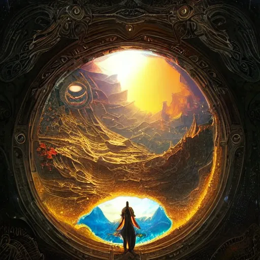 Prompt: highly detailed, intricate beautifully stunning picture of a cosmic aquarium in the middle of a keyhole portal overlooking the desert, stunning atmosphere, huge black glowing sun, matte painting by Andrei Riabovitchev, Shaun Tan and Peter Mohrbacher