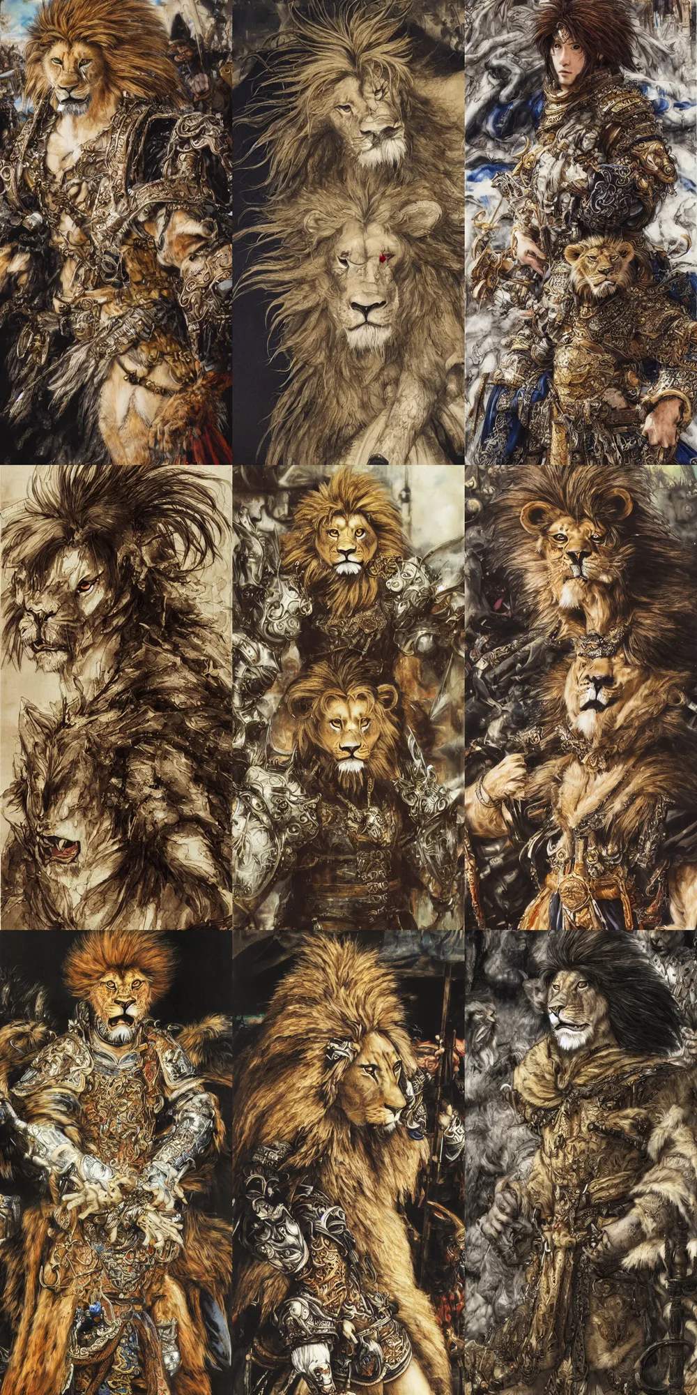 Image similar to 8 k yoshitaka amano painting of upper body of a young cool looking lion beastman with white mane at a medieval market at windy day. depth of field. he is wearing complex fantasy clothing. he has huge paws. renaissance style lighting.