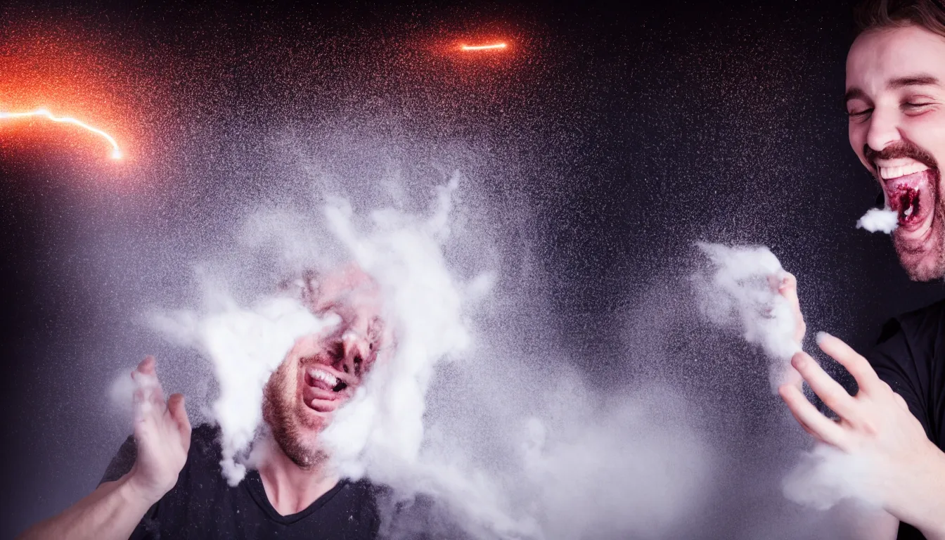 Prompt: humans , feedback loop , burst of powders ,volumetric lighting, twisting vapour, bellowing dust , emerging hands and beautiful laughing man’s face , full colour , upscale , 4k